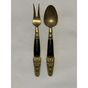 Vintage Serving Set Fork and Spoon Samran Thailand Nickel Bronze 4 1/2”